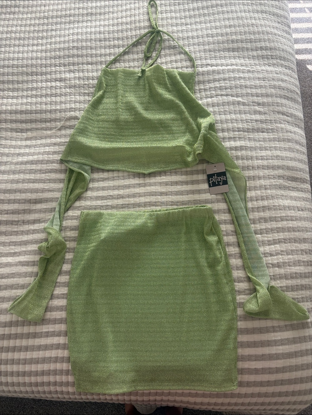 Pitaya Lime Green Knit Halter Top & Mini Skirt Set